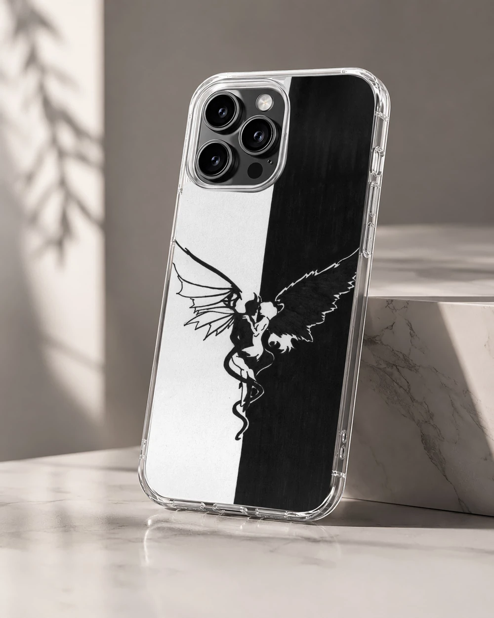 Angel phone cover in black and white with modern design